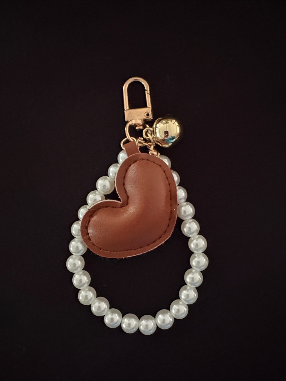 Brown Heart Pearl Wristlet Zipper Pull Keychain with Gold Accent